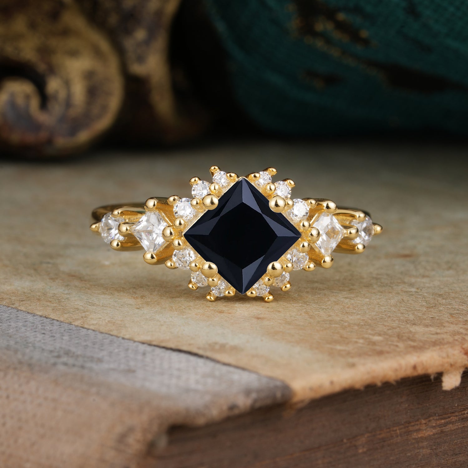 Sparkling Princess Cut Vintage Halo Cluster Black Onyx Engagement Ring