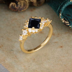 Sparkling Princess Cut Vintage Halo Cluster Black Onyx Engagement Ring