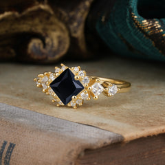 Sparkling Princess Cut Vintage Halo Cluster Black Onyx Engagement Ring