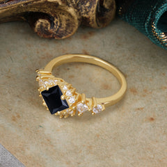 Sparkling Princess Cut Vintage Halo Cluster Black Onyx Engagement Ring