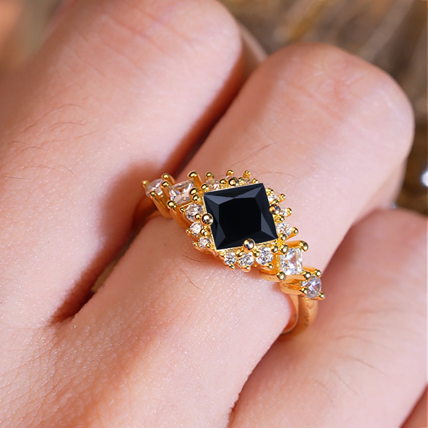 Sparkling Princess Cut Vintage Halo Cluster Black Onyx Engagement Ring