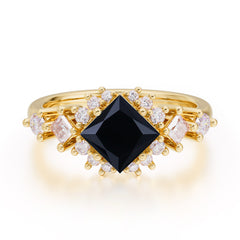Sparkling Princess Cut Vintage Halo Cluster Black Onyx Engagement Ring