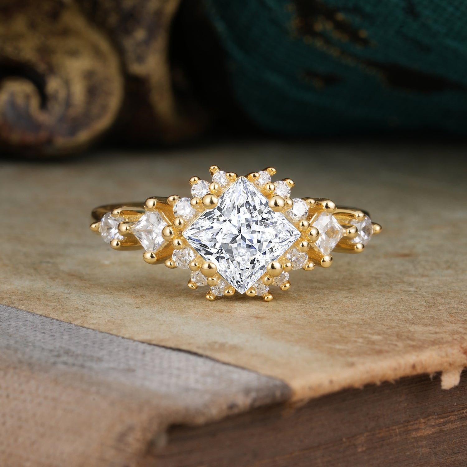 Sparkling Princess Cut Vintage Halo Cluster Lab Diamond Engagement Ring