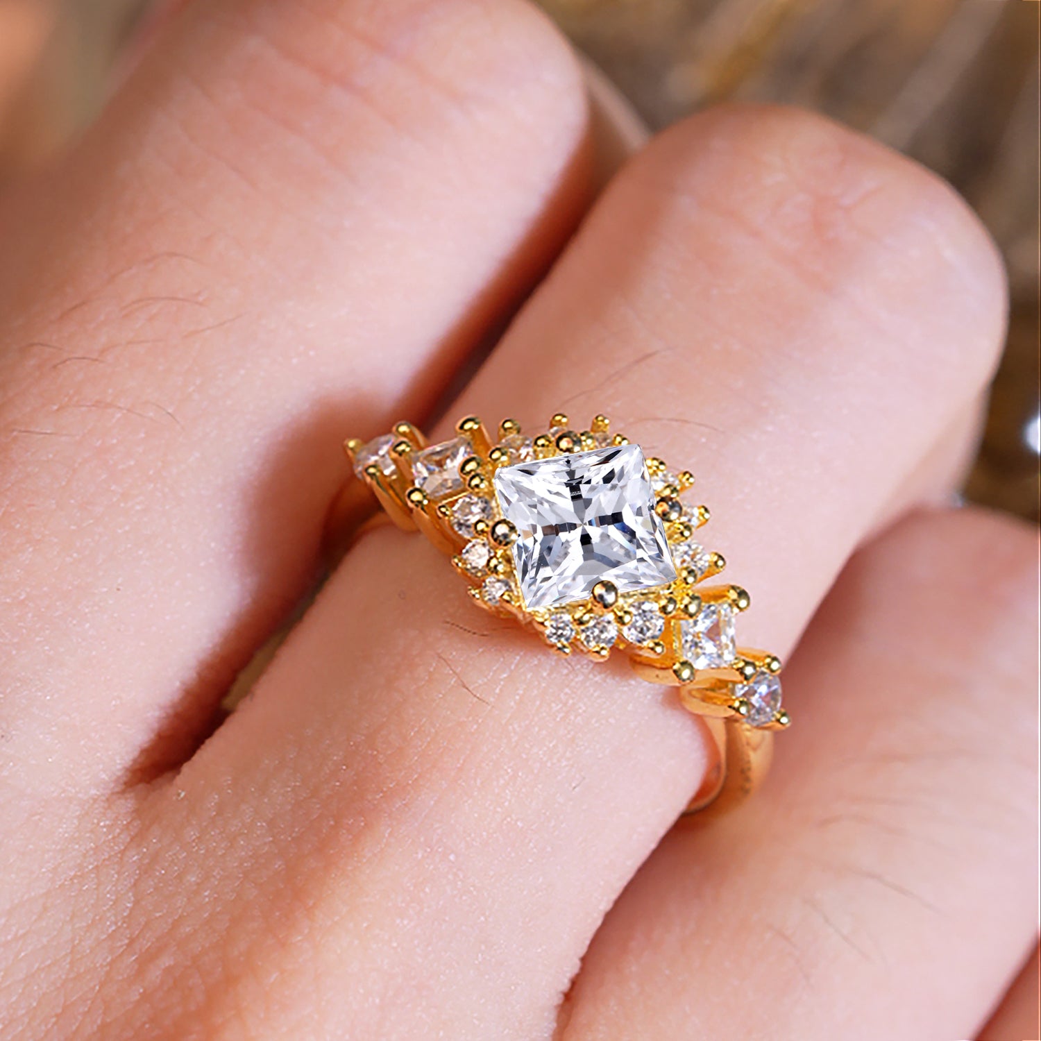Sparkling Princess Cut Vintage Halo Cluster Lab Diamond Engagement Ring