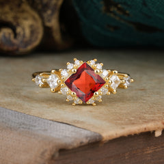 Sparkling Princess Cut Vintage Halo Cluster Garnet Engagement Ring