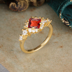 Sparkling Princess Cut Vintage Halo Cluster Garnet Engagement Ring