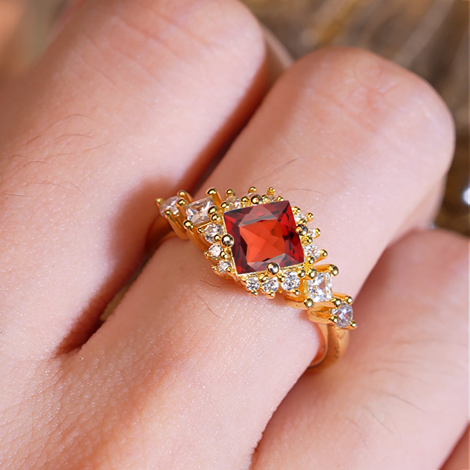 Sparkling Princess Cut Vintage Halo Cluster Garnet Engagement Ring