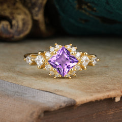 Sparkling Princess Cut Vintage Halo Cluster Amethyst Engagement Ring