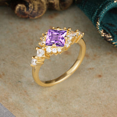 Sparkling Princess Cut Vintage Halo Cluster Amethyst Engagement Ring