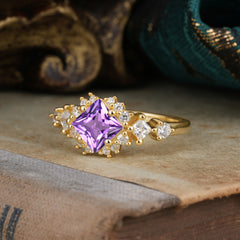 Sparkling Princess Cut Vintage Halo Cluster Amethyst Engagement Ring