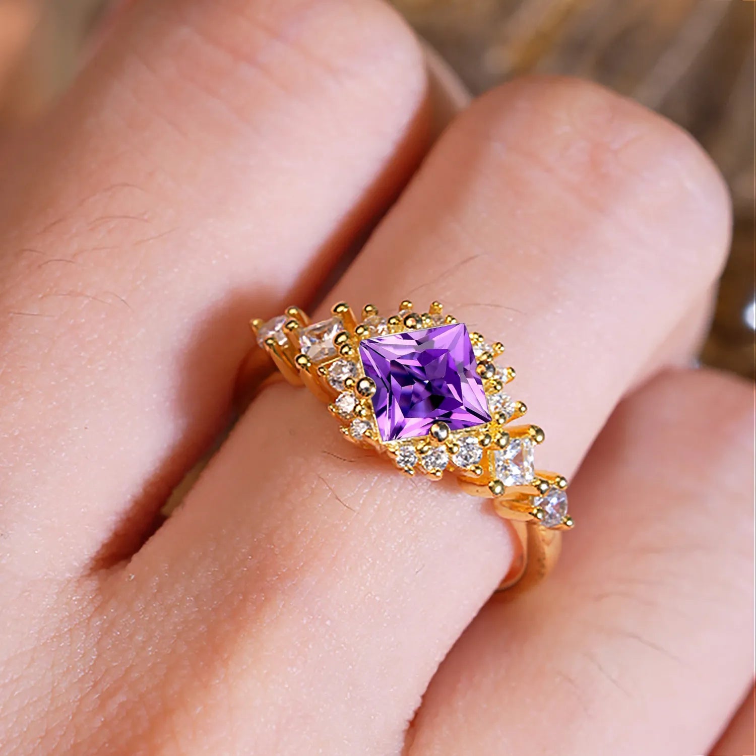 Sparkling Princess Cut Vintage Halo Cluster Amethyst Engagement Ring