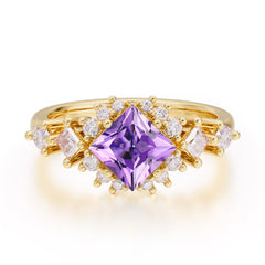 Sparkling Princess Cut Vintage Halo Cluster Amethyst Engagement Ring