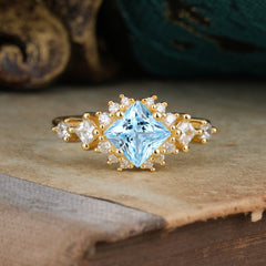 Sparkling Princess Cut Vintage Halo Cluster Aquamarine Engagement Ring
