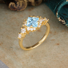 Sparkling Princess Cut Vintage Halo Cluster Aquamarine Engagement Ring