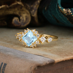 Sparkling Princess Cut Vintage Halo Cluster Aquamarine Engagement Ring