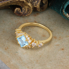 Sparkling Princess Cut Vintage Halo Cluster Aquamarine Engagement Ring