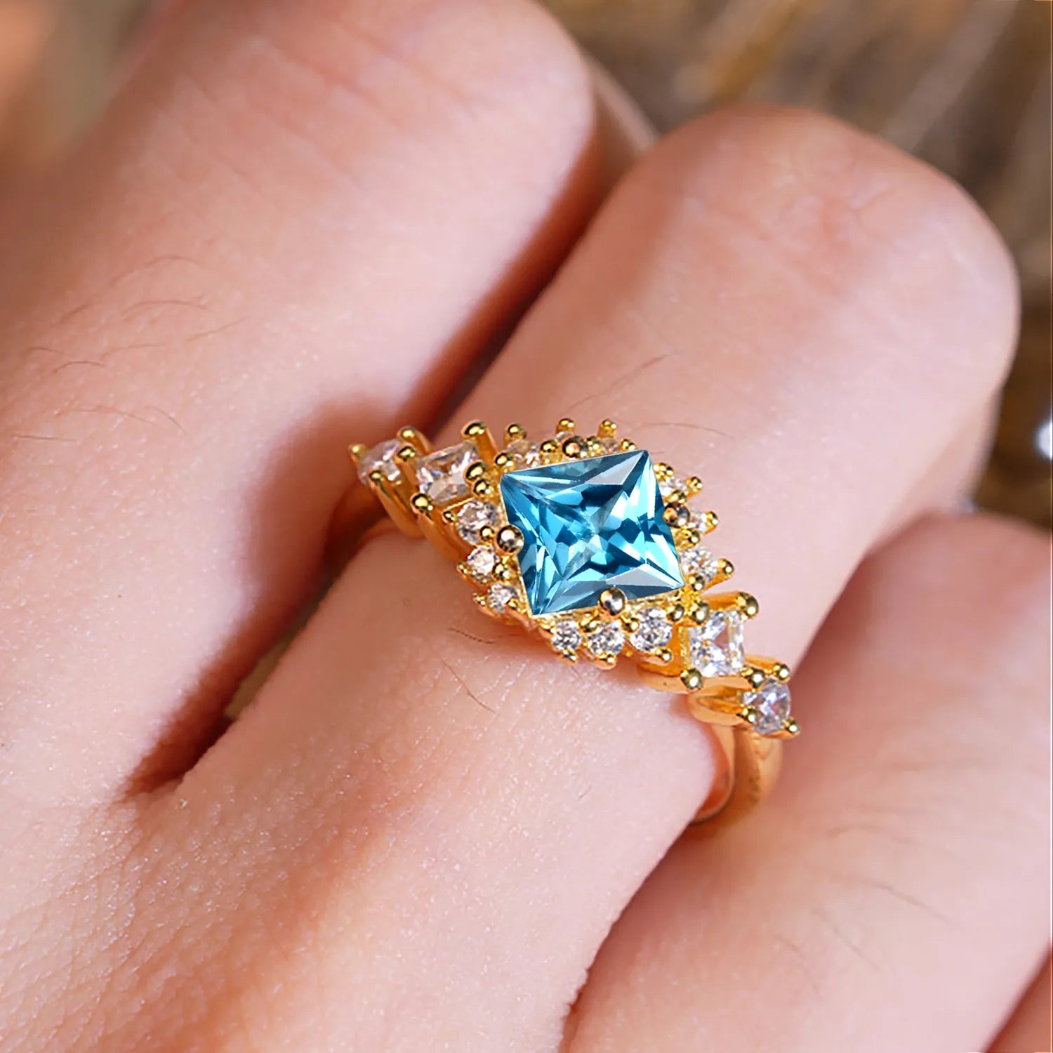 Sparkling Princess Cut Vintage Halo Cluster Aquamarine Engagement Ring