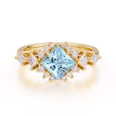Sparkling Princess Cut Vintage Halo Cluster Aquamarine Engagement Ring