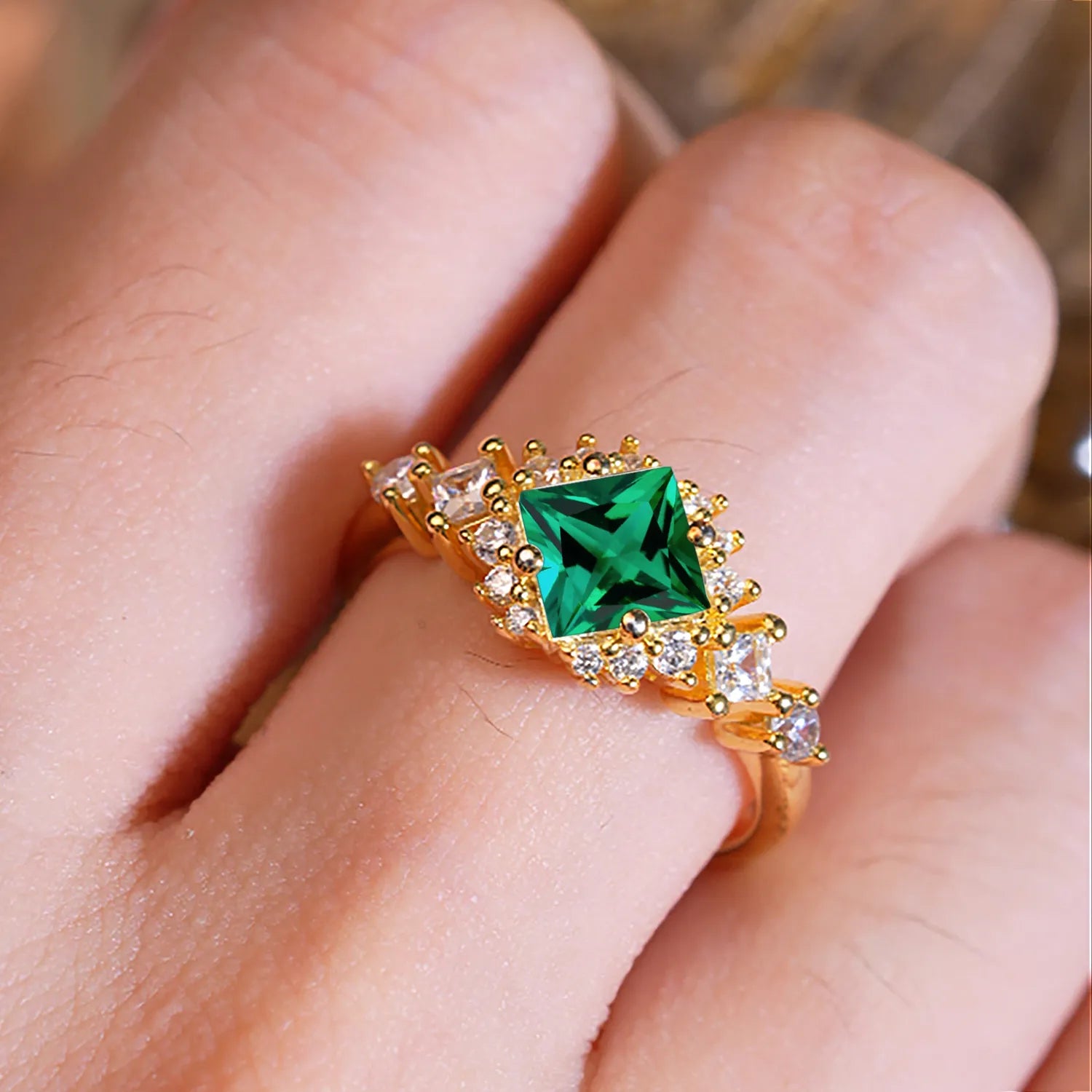 Sparkling Princess Cut Vintage Halo Cluster Emerald Engagement Ring