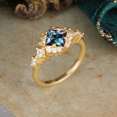 Sparkling Princess Cut Vintage Halo Cluster Alexandrite Engagement Ring