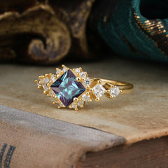 Sparkling Princess Cut Vintage Halo Cluster Alexandrite Engagement Ring