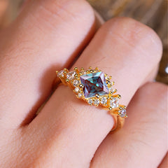 Sparkling Princess Cut Vintage Halo Cluster Alexandrite Engagement Ring