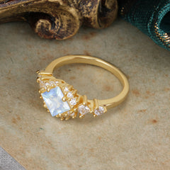 Sparkling Princess Cut Vintage Halo Cluster Moonstone Engagement Ring