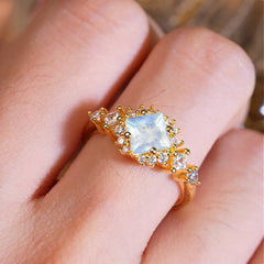 Sparkling Princess Cut Vintage Halo Cluster Moonstone Engagement Ring