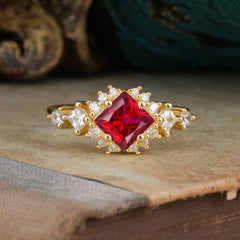 Sparkling Princess Cut Vintage Halo Cluster Ruby Engagement Ring