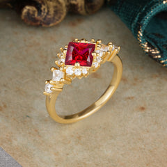 Sparkling Princess Cut Vintage Halo Cluster Ruby Engagement Ring