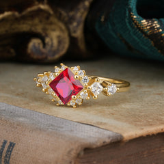 Sparkling Princess Cut Vintage Halo Cluster Ruby Engagement Ring