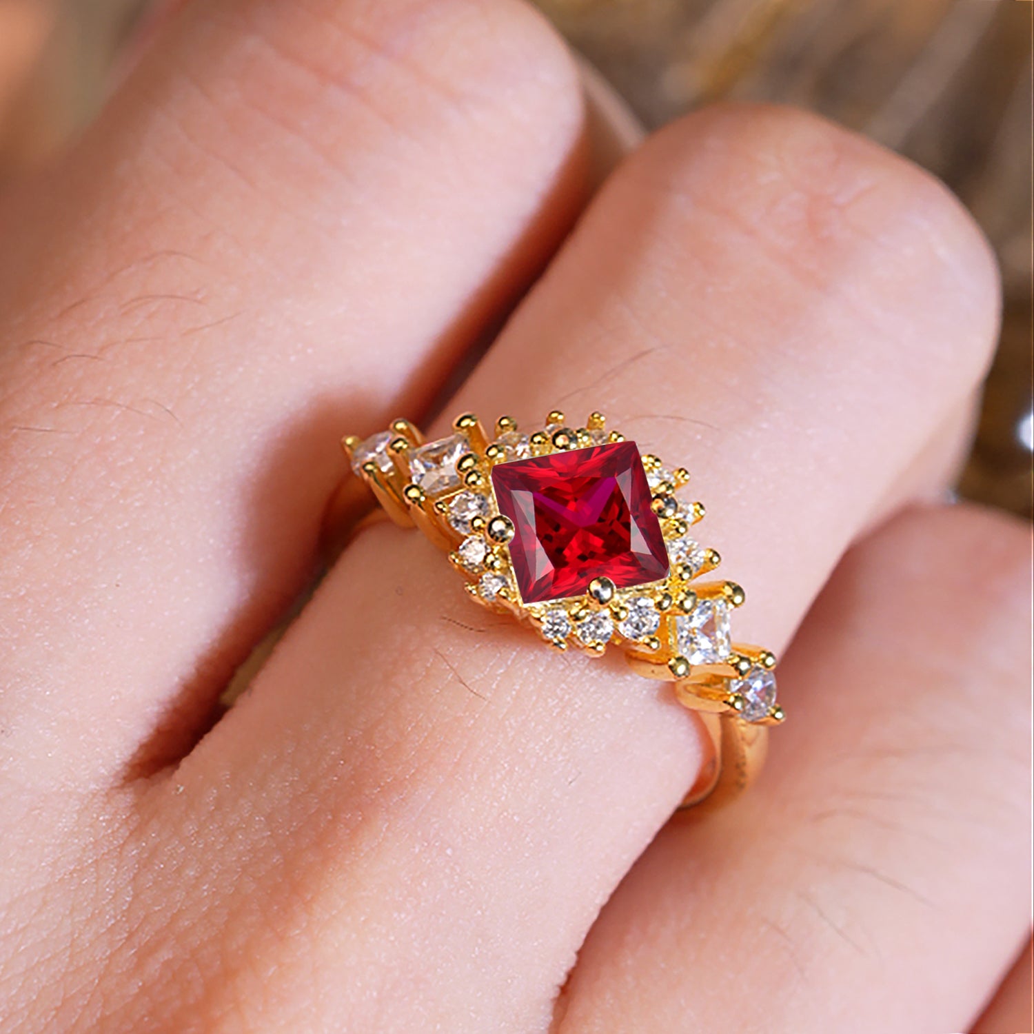 Sparkling Princess Cut Vintage Halo Cluster Ruby Engagement Ring
