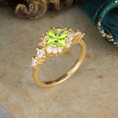 Sparkling Princess Cut Vintage Halo Cluster Peridot Engagement Ring