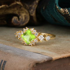 Sparkling Princess Cut Vintage Halo Cluster Peridot Engagement Ring