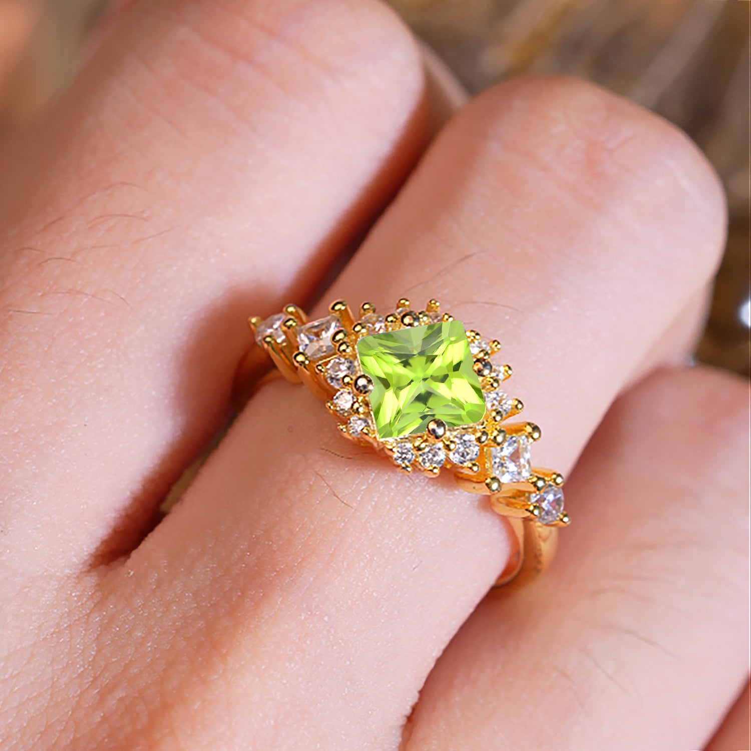 Sparkling Princess Cut Vintage Halo Cluster Peridot Engagement Ring
