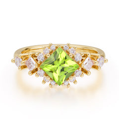 Sparkling Princess Cut Vintage Halo Cluster Peridot Engagement Ring