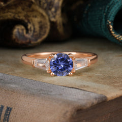 Round Cut Classic Tanzanite Engagement Ring Three Stone Wedding Ring