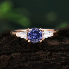 Round Cut Classic Tanzanite Engagement Ring Three Stone Wedding Ring