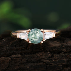 Round Cut Classic Moss Agate Engagement Ring Three Stone Wedding Ring