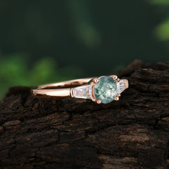 Round Cut Classic Moss Agate Engagement Ring Three Stone Wedding Ring