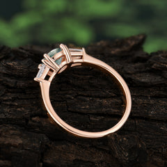 Round Cut Classic Moss Agate Engagement Ring Three Stone Wedding Ring