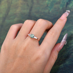 Round Cut Classic Moss Agate Engagement Ring Three Stone Wedding Ring