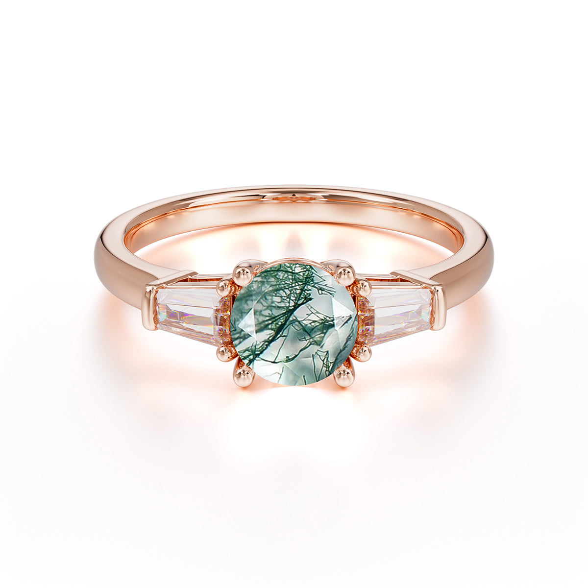 Round Cut Classic Moss Agate Engagement Ring Three Stone Wedding Ring