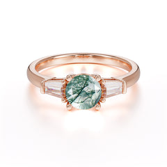 Round Cut Classic Moss Agate Engagement Ring Three Stone Wedding Ring
