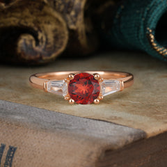 Round Cut Classic Garnet Engagement Ring Three Stone Wedding Ring