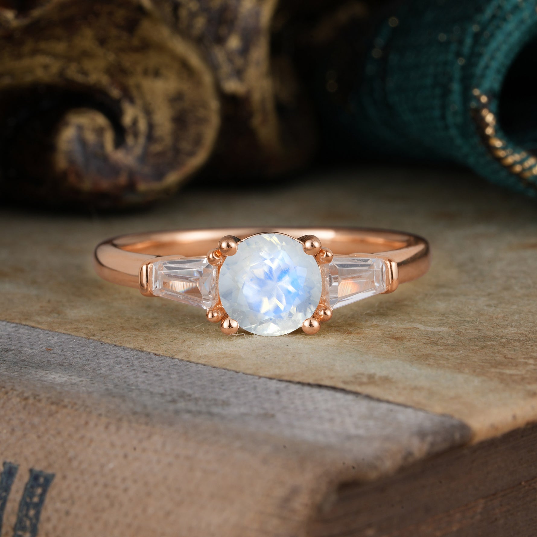 Round Cut Classic Natural Moonstone Engagement Ring Three Stone Engagement Ring - Romalar Jewelry