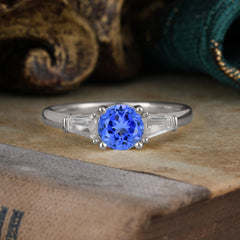 Round Cut Classic Sapphire Engagement Ring Three Stone Wedding Ring