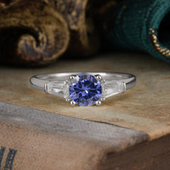 Round Cut Classic Tanzanite Engagement Ring Three Stone Wedding Ring