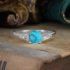 Round Cut Classic Turquoise Engagement Ring Three Stone Wedding Ring