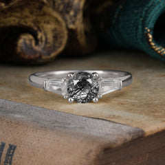 Round Cut Classic Black Rutilated Quartz Engagement Ring Three Stone Wedding Ring